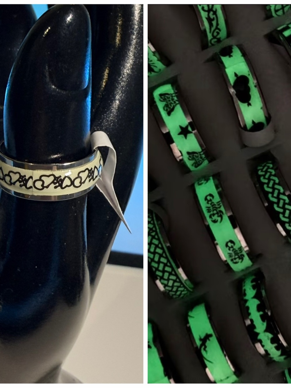 Glow-In-The-Dark Stainless Steel Heart Patterned White Inlay Ring Band